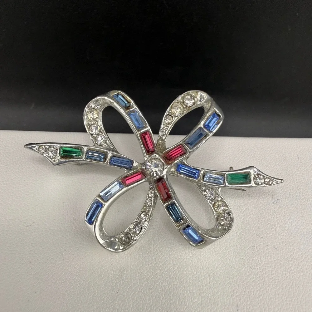 Vintage Rhinestone Brooch Silver Tone Bow Blue Green Red
